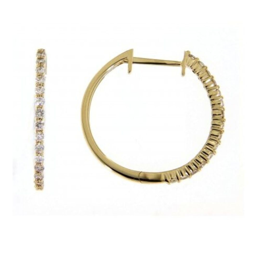 Gold hoop earrings with diamond accents on a white background