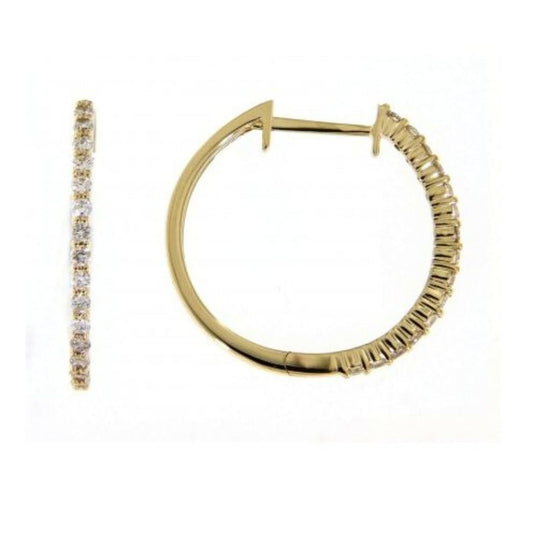 Gold hoop earrings with diamond accents on a white background