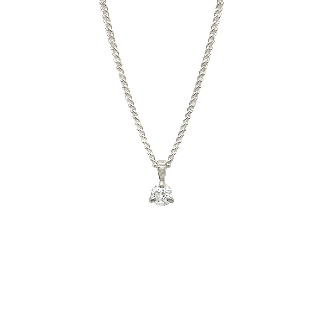 Silver necklace with a single diamond pendant. The background is white.