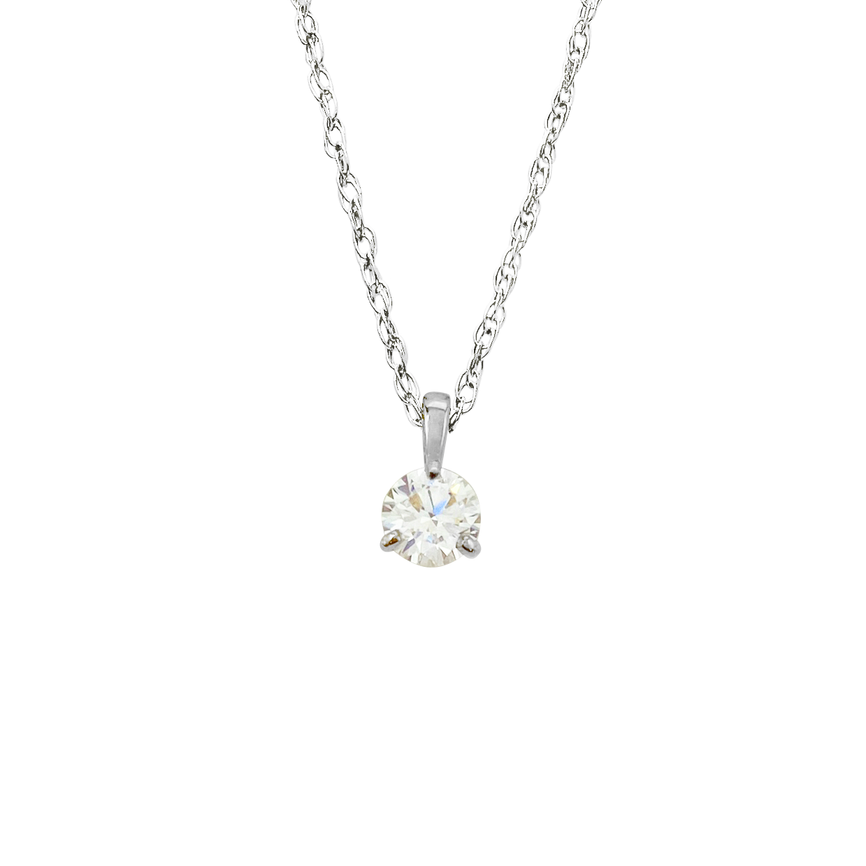 Silver necklace with a single diamond pendant. The background is white.