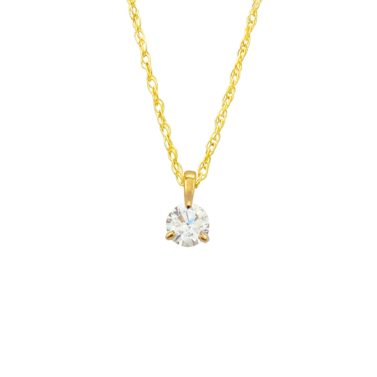 Gold necklace with a single diamond pendant. The background is white.