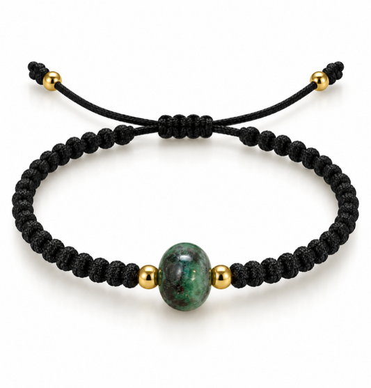 Natural Emerald and 14K Yellow Gold Beads Macrame Bracelet