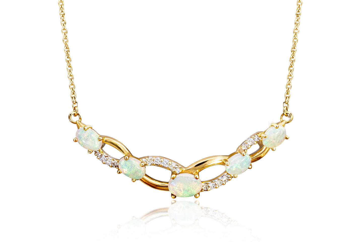 Gold necklace with opal stones on a white background