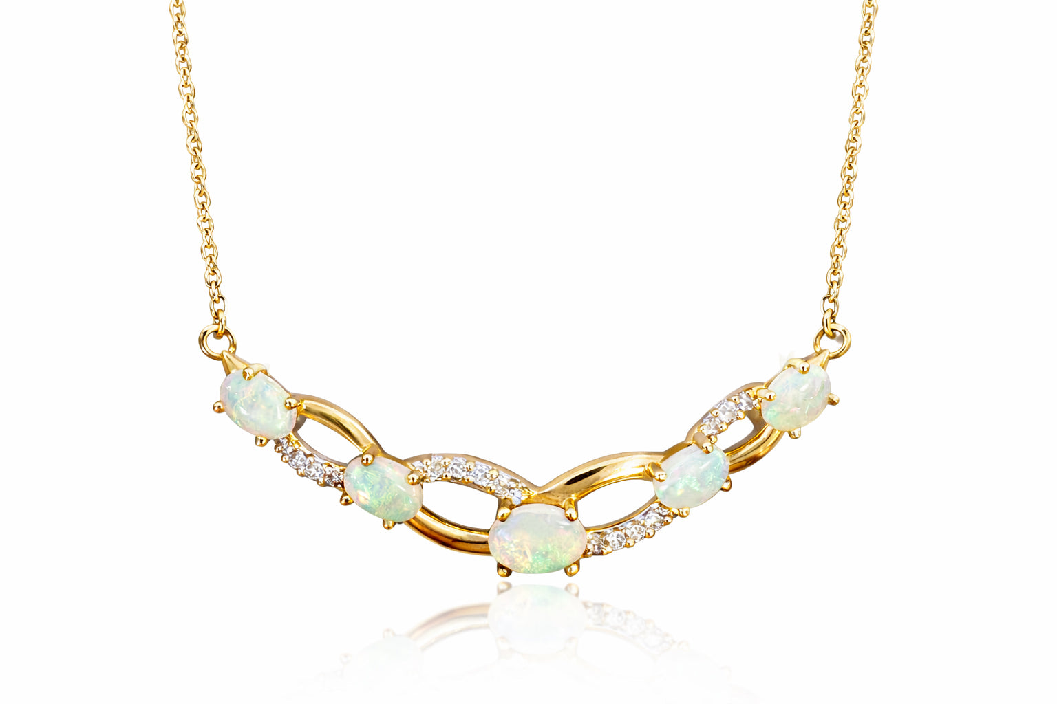 Gold necklace with opal stones on a white background