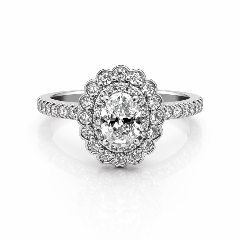 Diamond ring with floral design on a white background