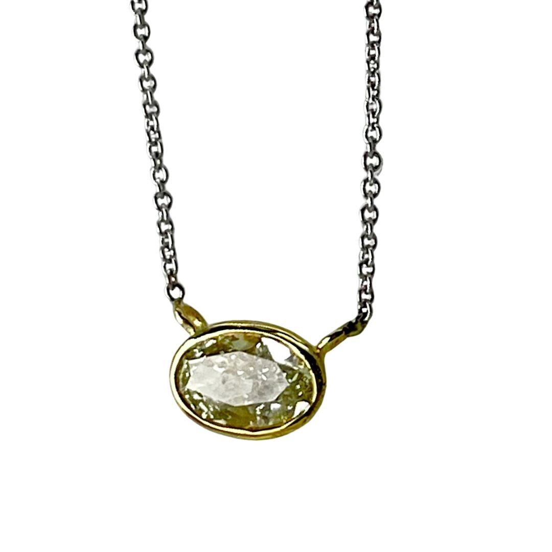 Necklace with a pendant featuring a clear stone on a white background