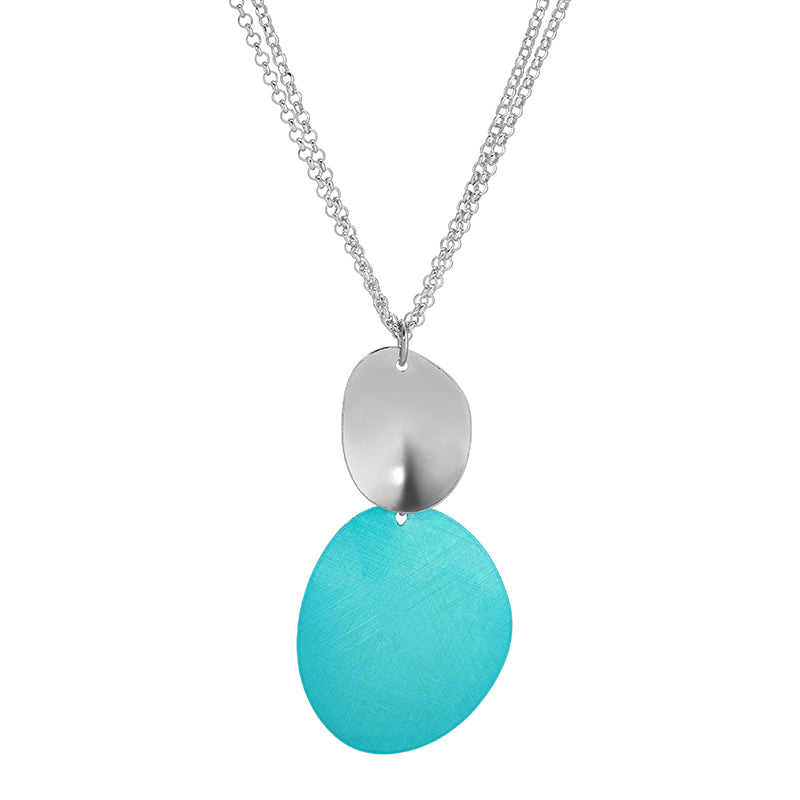 Necklace with a silver and turquoise pendant on a white background