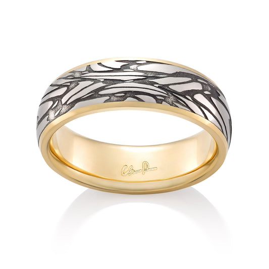 Yellow gold ring with a textured, patterned center on a white background.