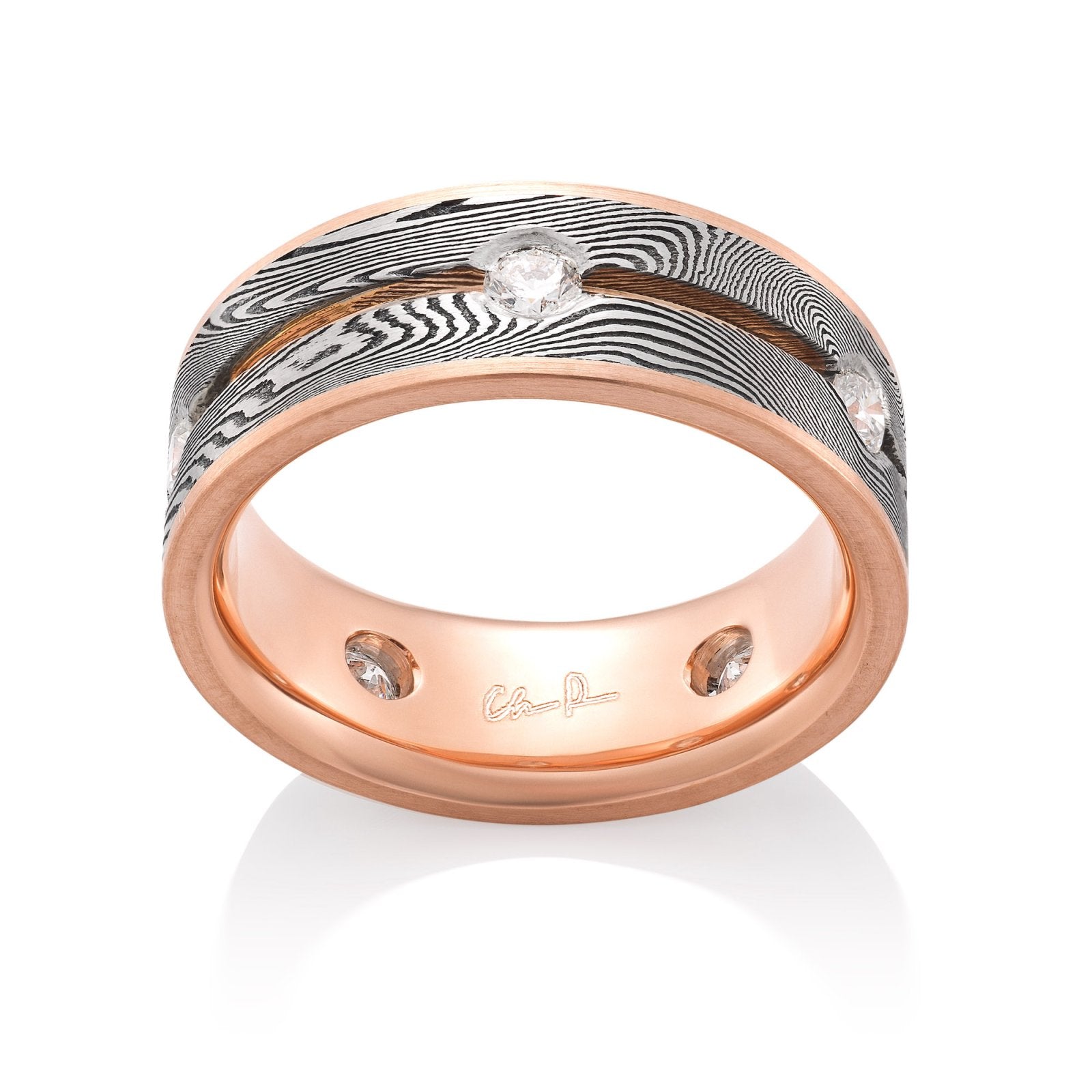 Supernova Damascus with 14K Red Gold Channel and Diamonds | Paul's ...