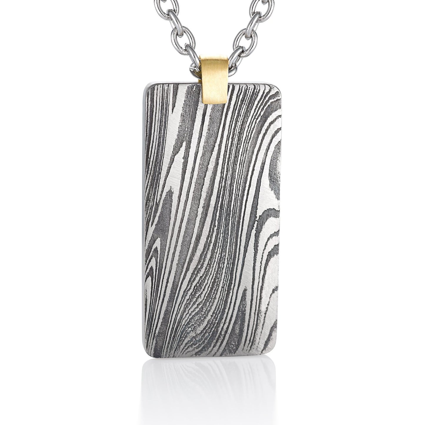 Silver Damascus necklace on a white background. 