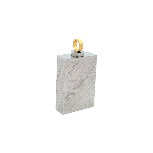 Silver Damascus steel pattern pendant, on a white background.