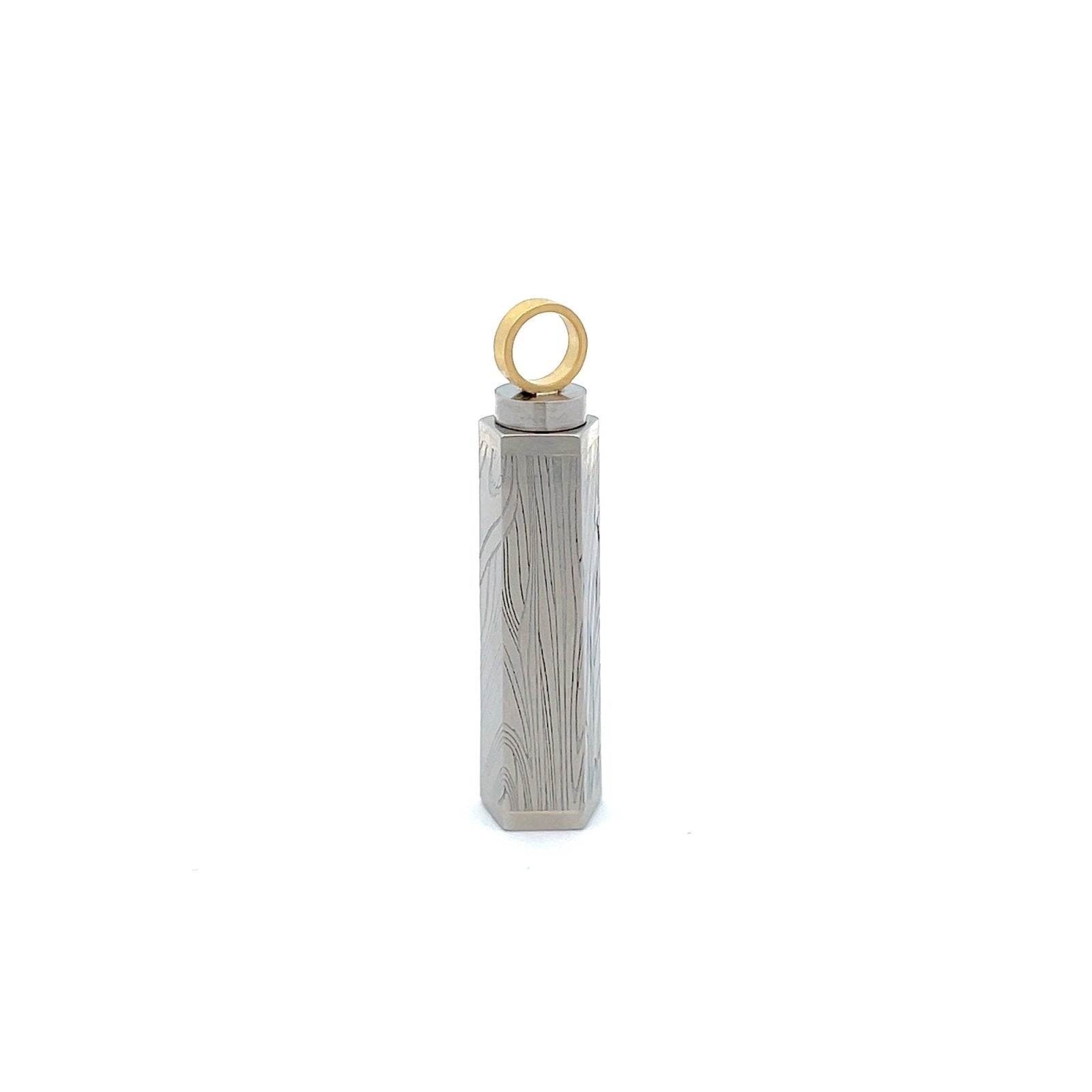 Silver Damascus steel pattern pendant, on a white background.