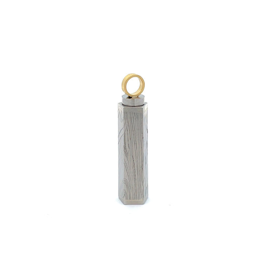 Silver Damascus steel pattern pendant, on a white background.