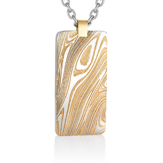 Rectangular pendant Damascus steel pattern in shades of gold and silver, hanging on a silver chain, on a white background.