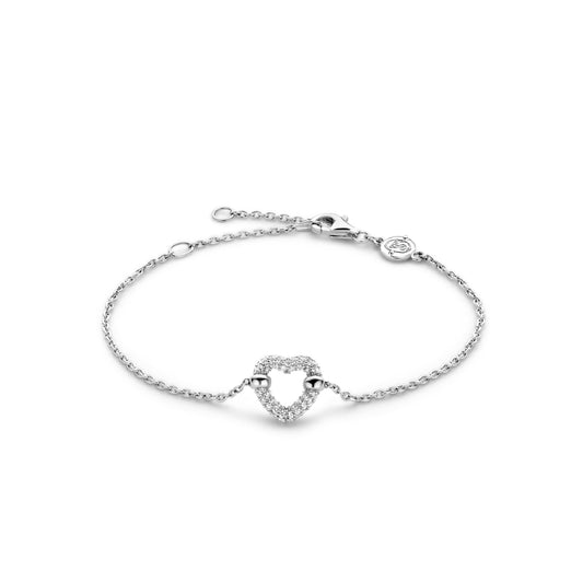 Silver bracelet with a lobster clasp on a white background