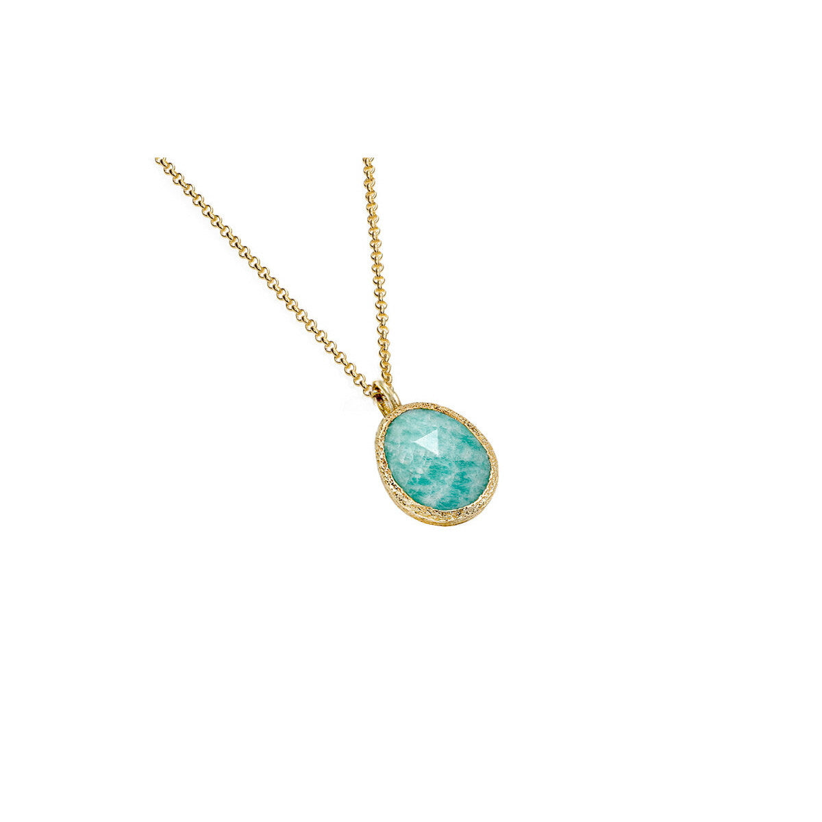 Gold necklace with a green gemstone pendant on a white background