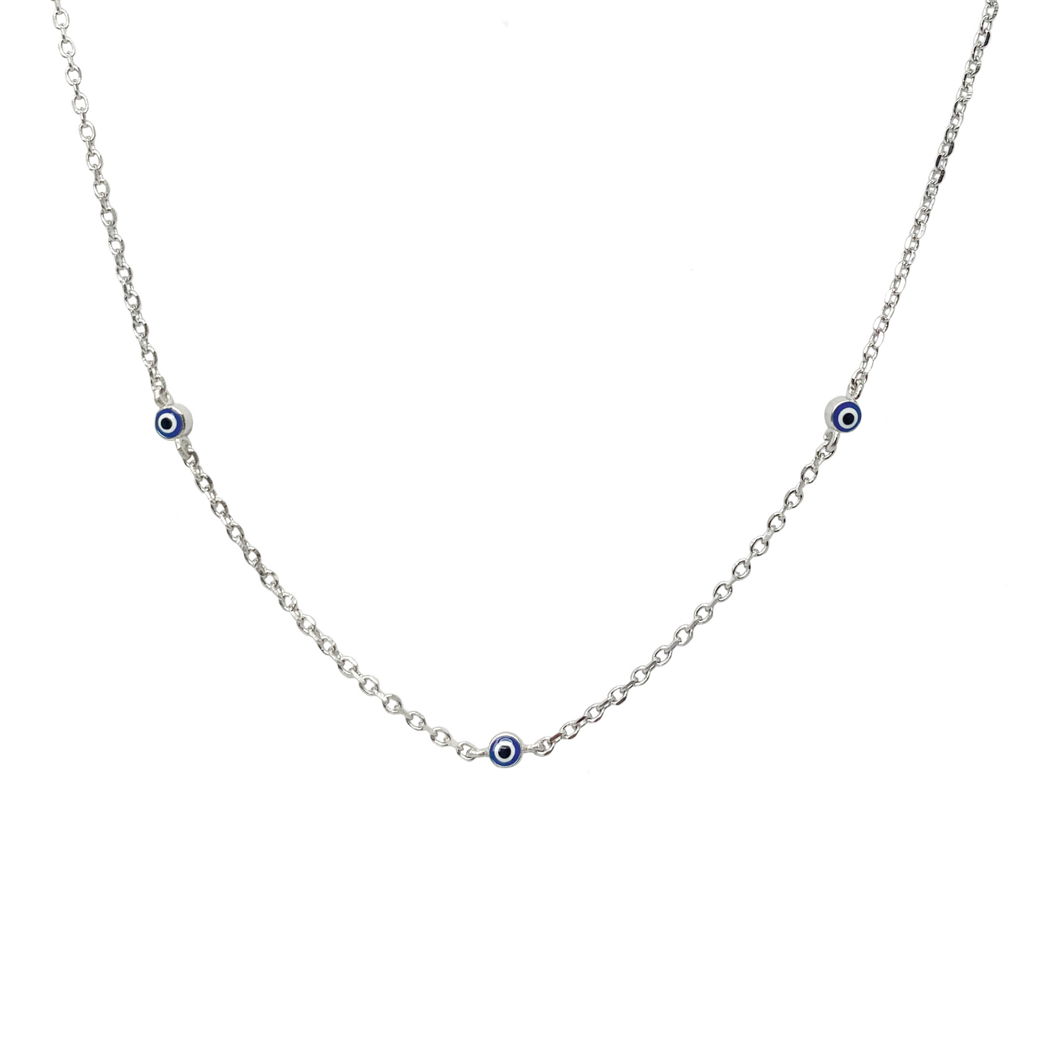Necklace with small evil eye charms on a white background