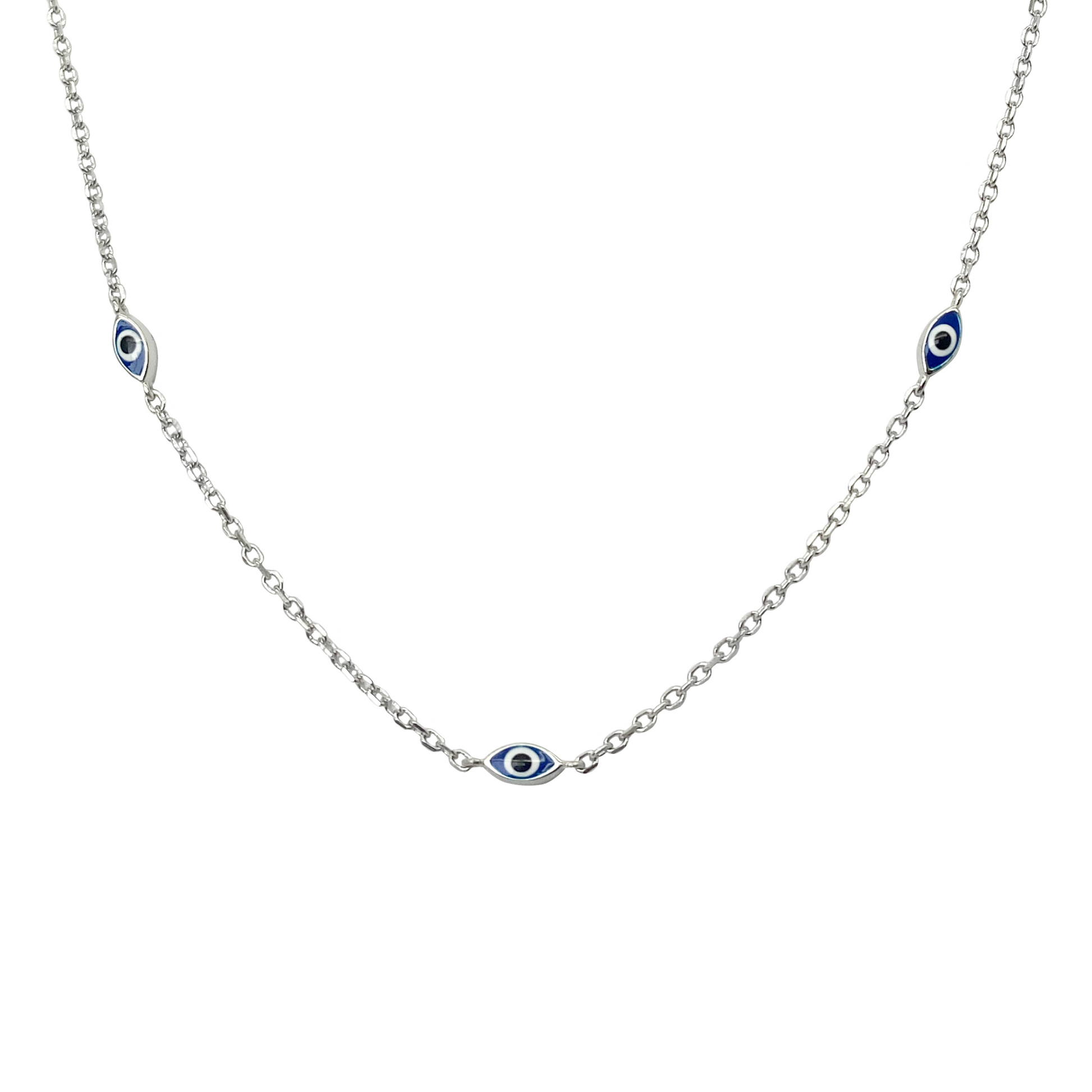 Necklace with small eye-shaped charms on a white background