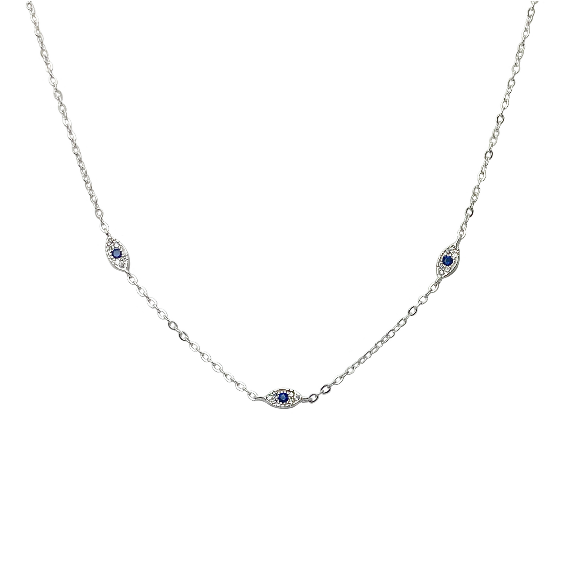Silver necklace with small blue gemstones on a white background