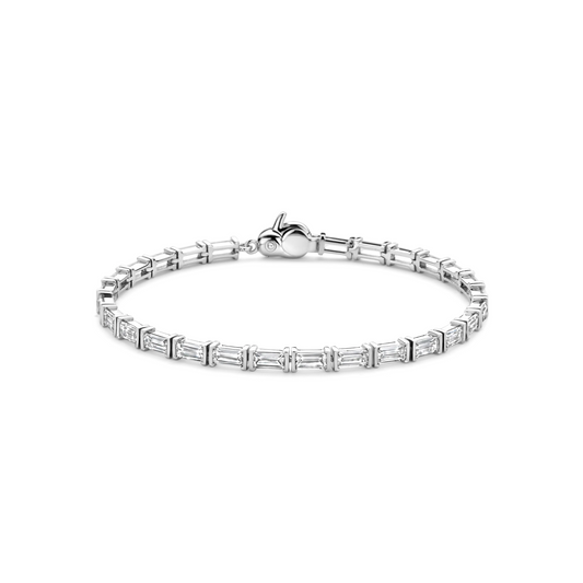 Silver bracelet with baguette-cut diamonds on a white background