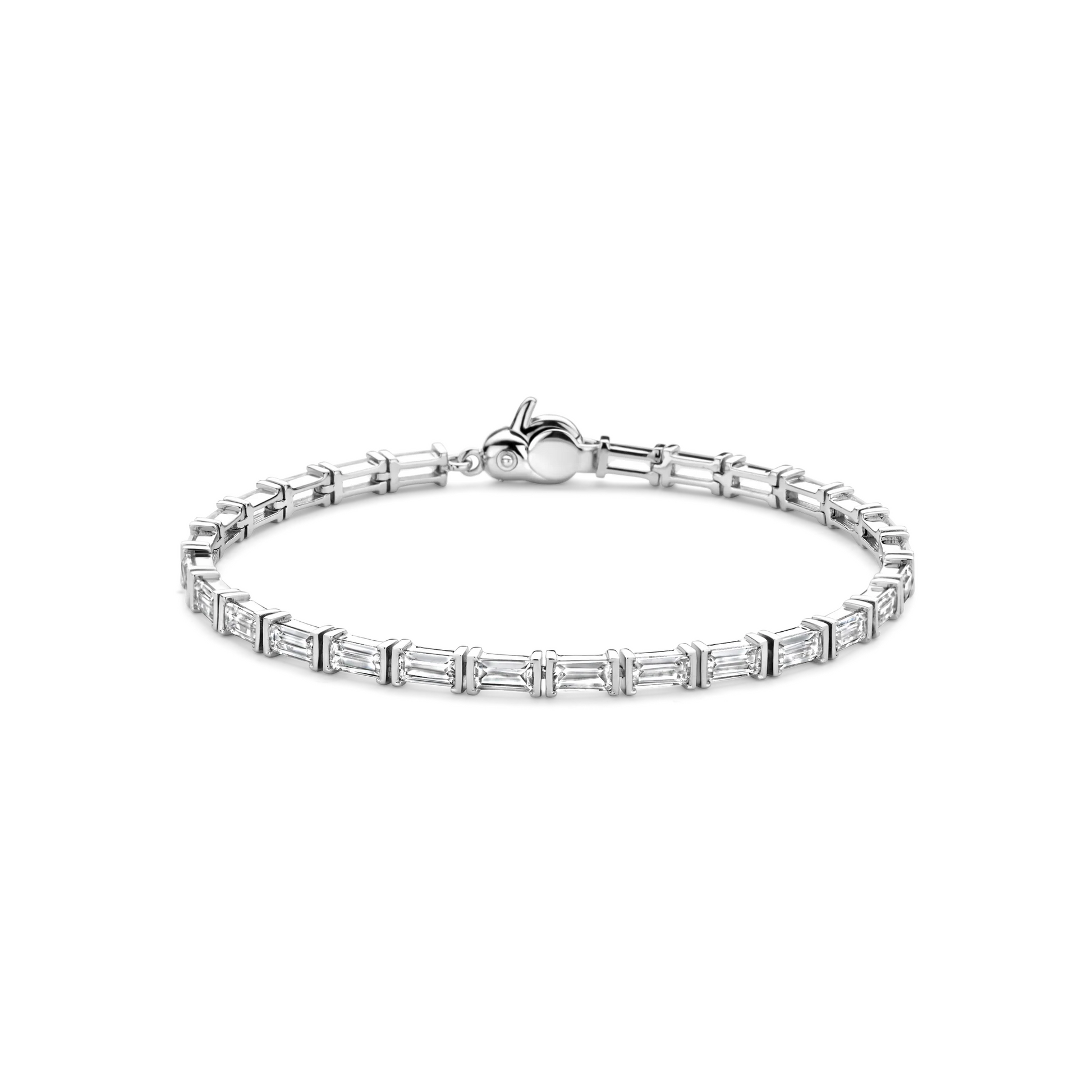 Silver bracelet with baguette-cut diamonds on a white background