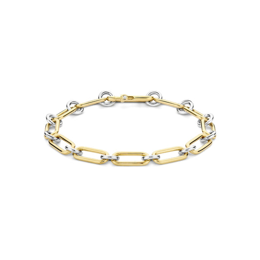 Two-tone gold and silver bracelet on a white background
