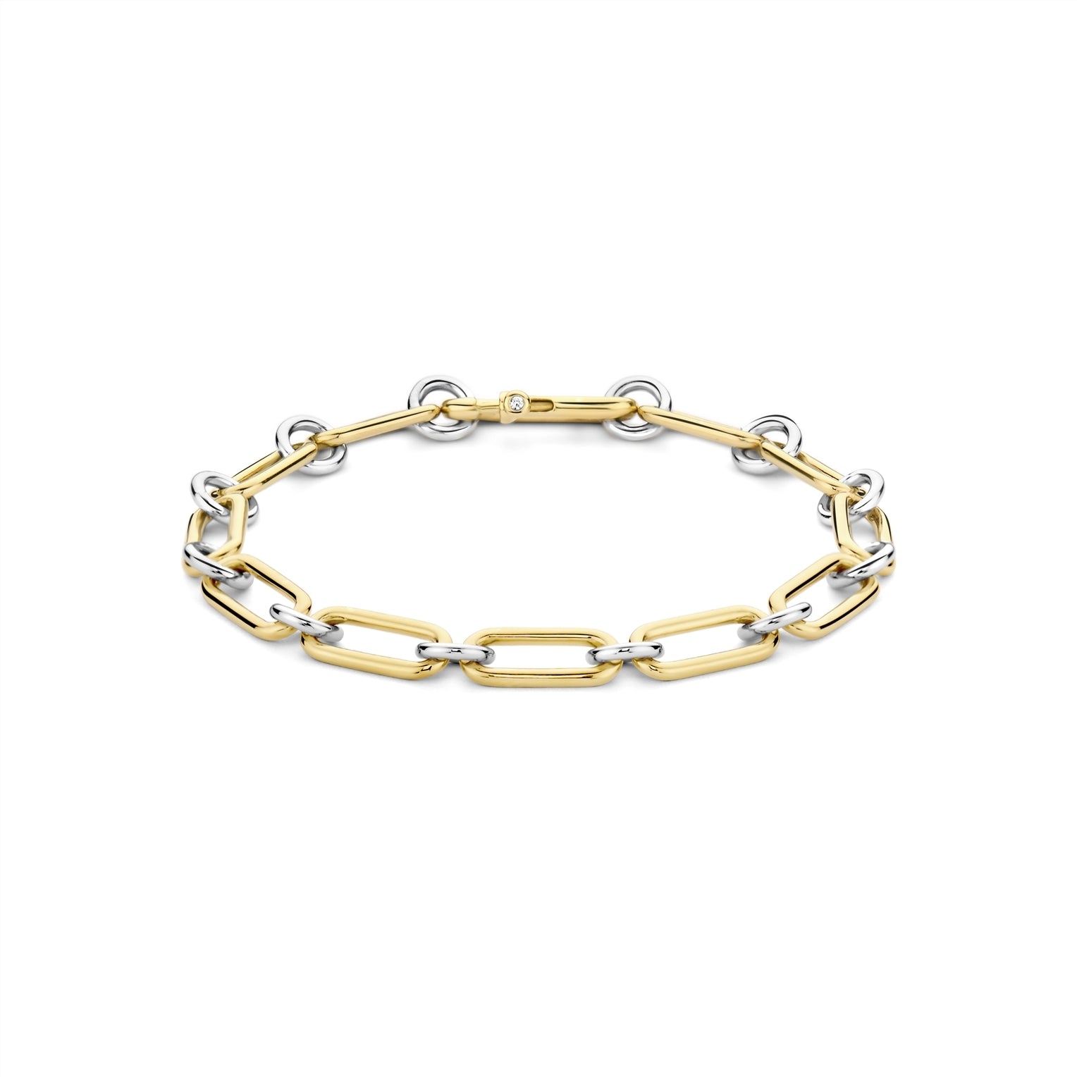 Two-tone gold and silver bracelet on a white background