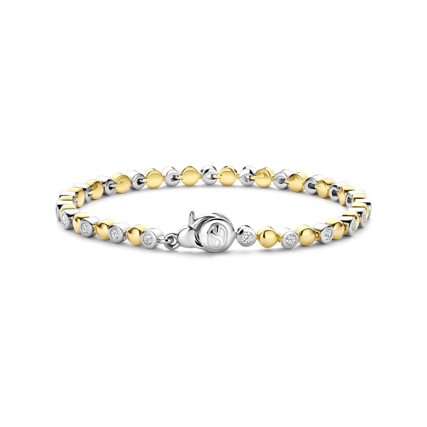 Two-tone gold and silver bracelet on a white background