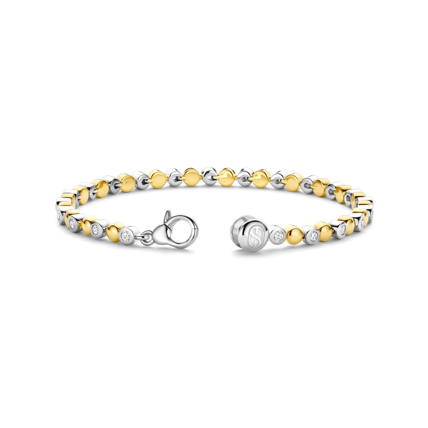Two gold and silver bracelets on a white background