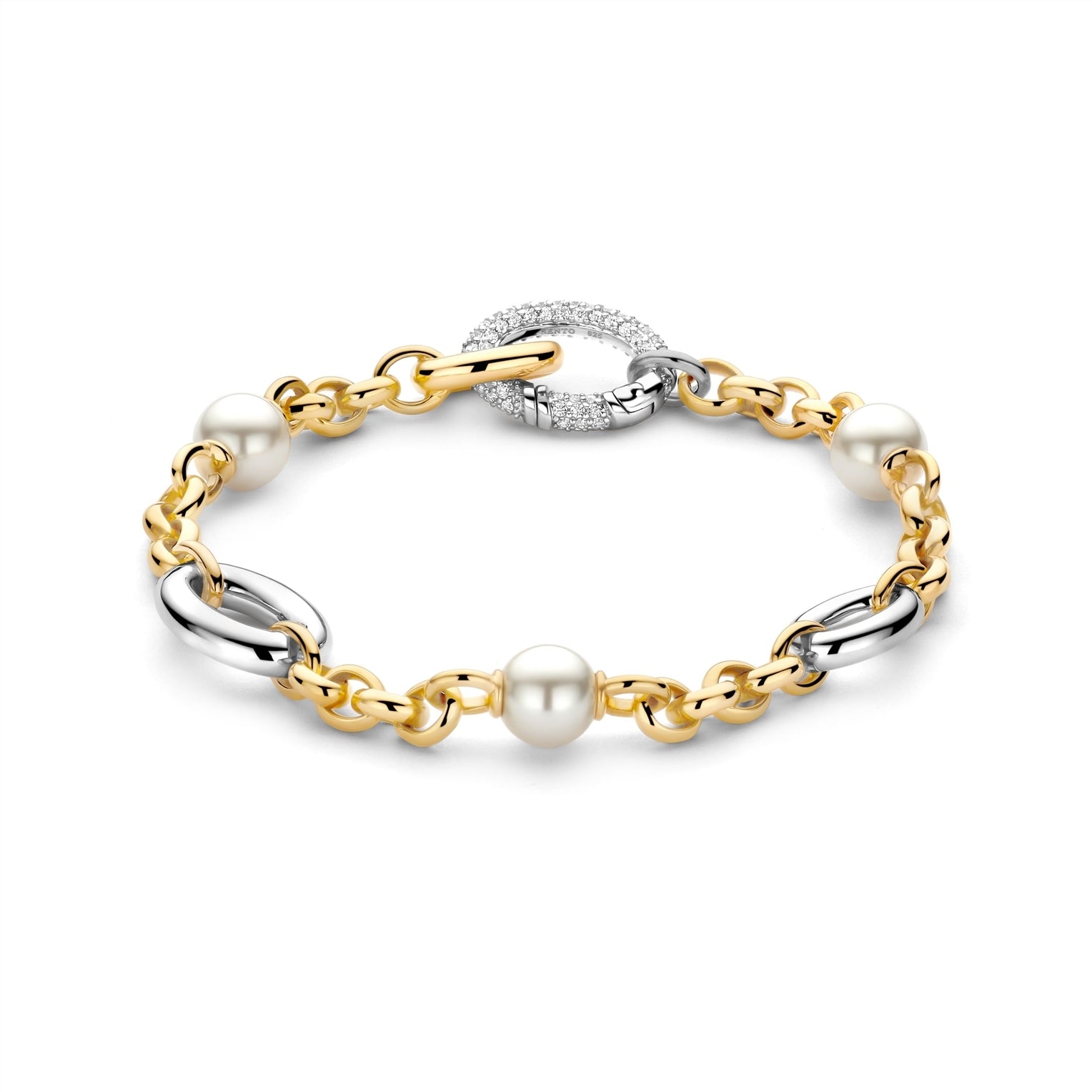 Gold, silver, and pearl bracelet on a white background