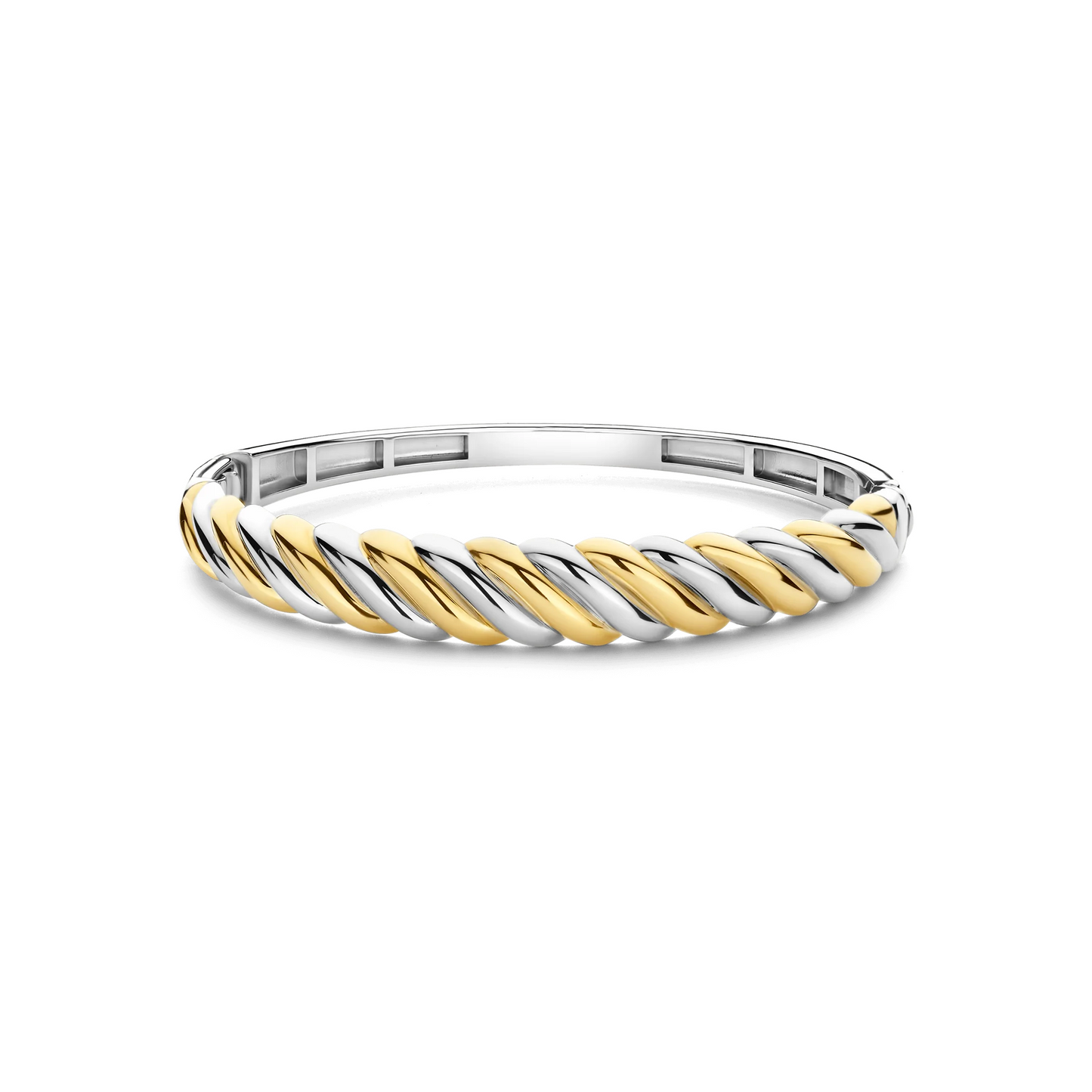 Two-tone silver and gold bracelet on a white background