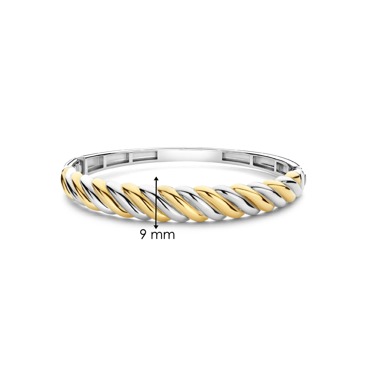 Two-tone bracelet with gold and silver twisted design on a white background