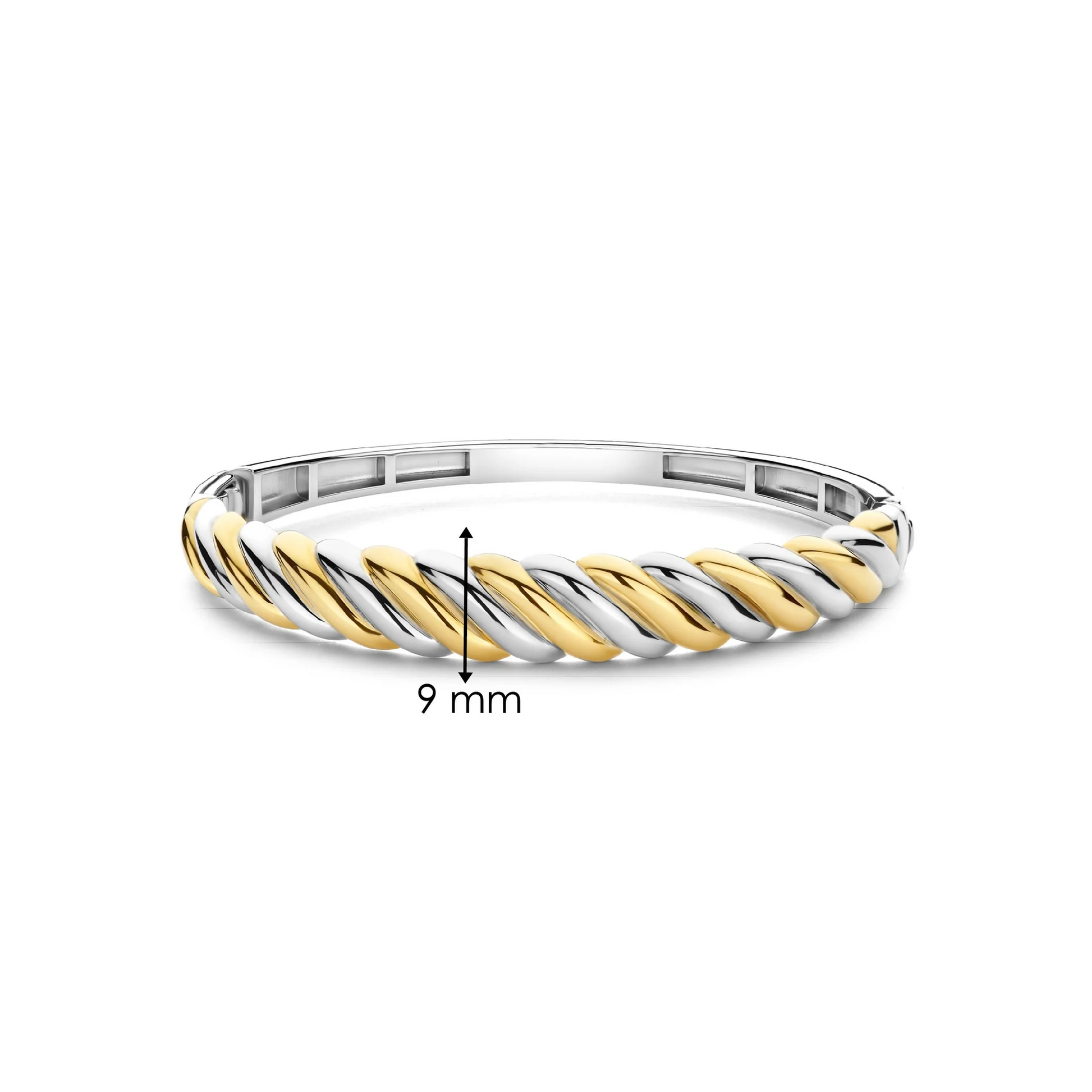 Two-tone bracelet with gold and silver twisted design on a white background