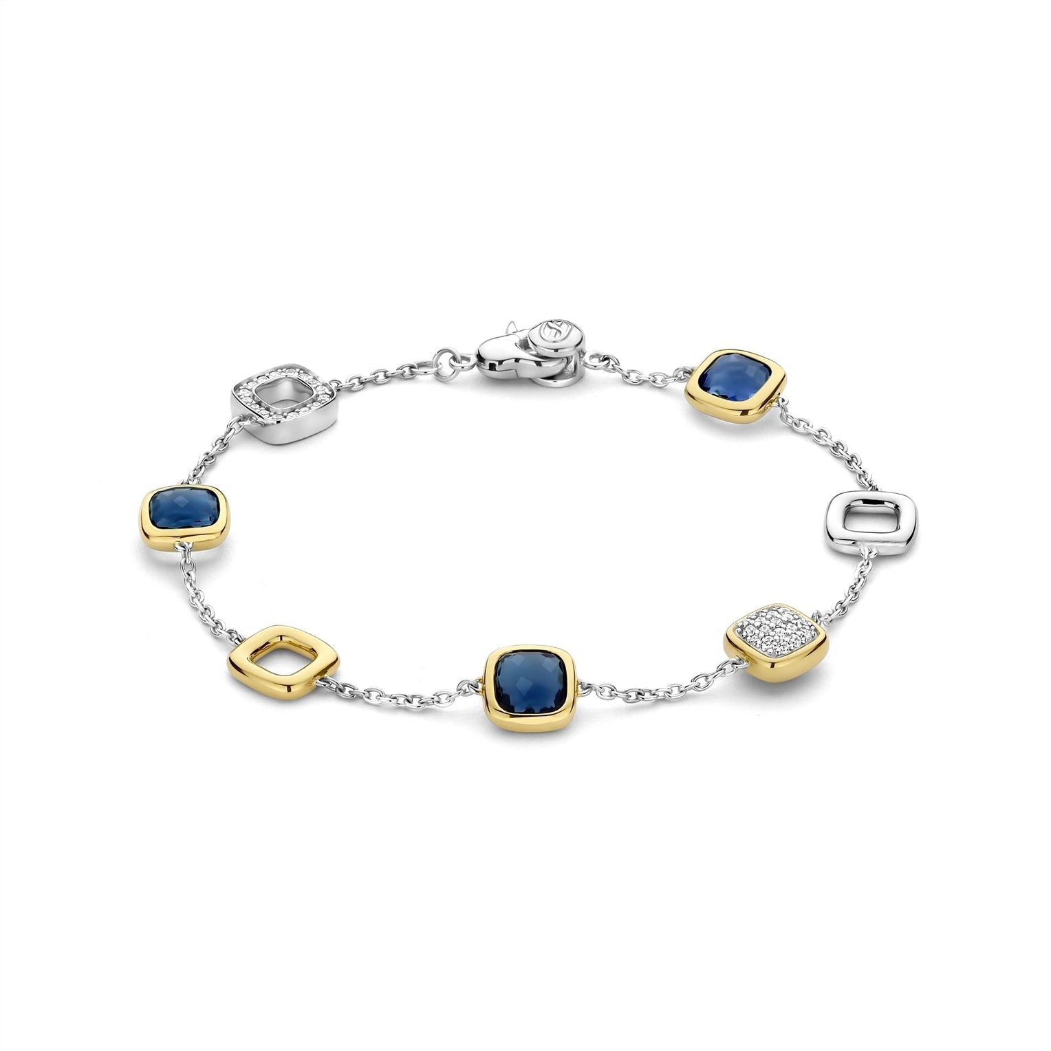 Bracelet with blue gemstones and gold accents on a white background