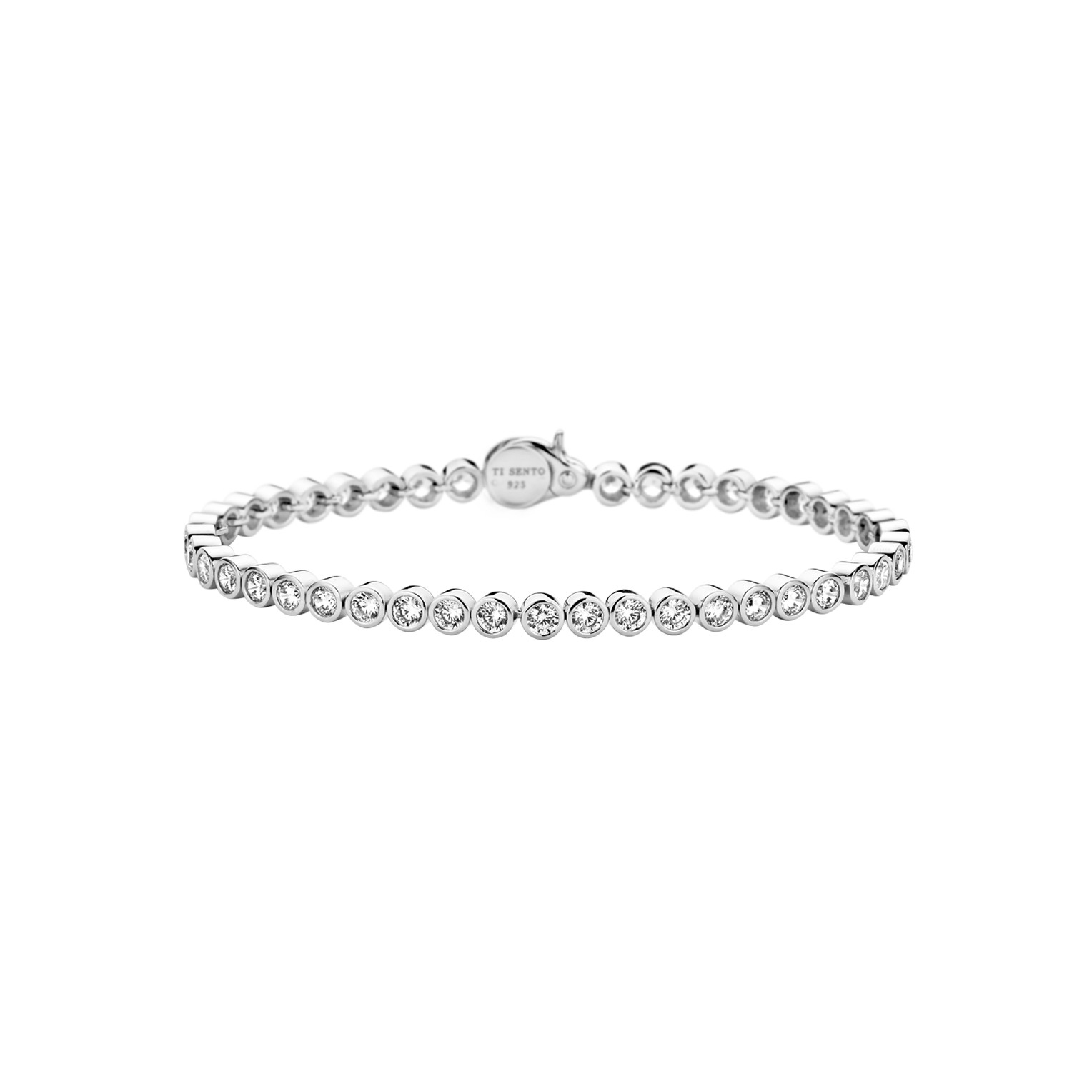 Silver bracelet with clear stones on a white background
