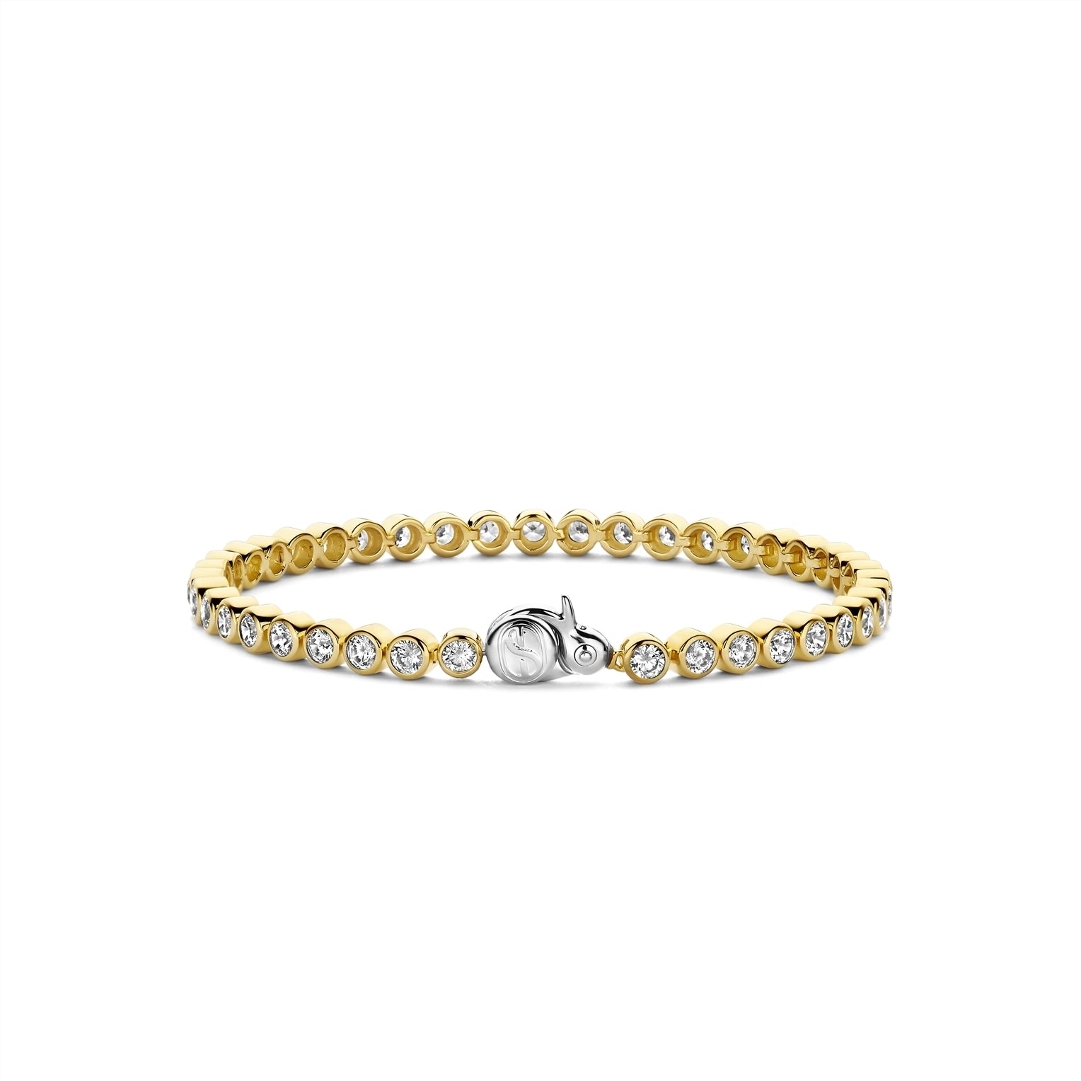 Gold bracelet with clear stones on a white background