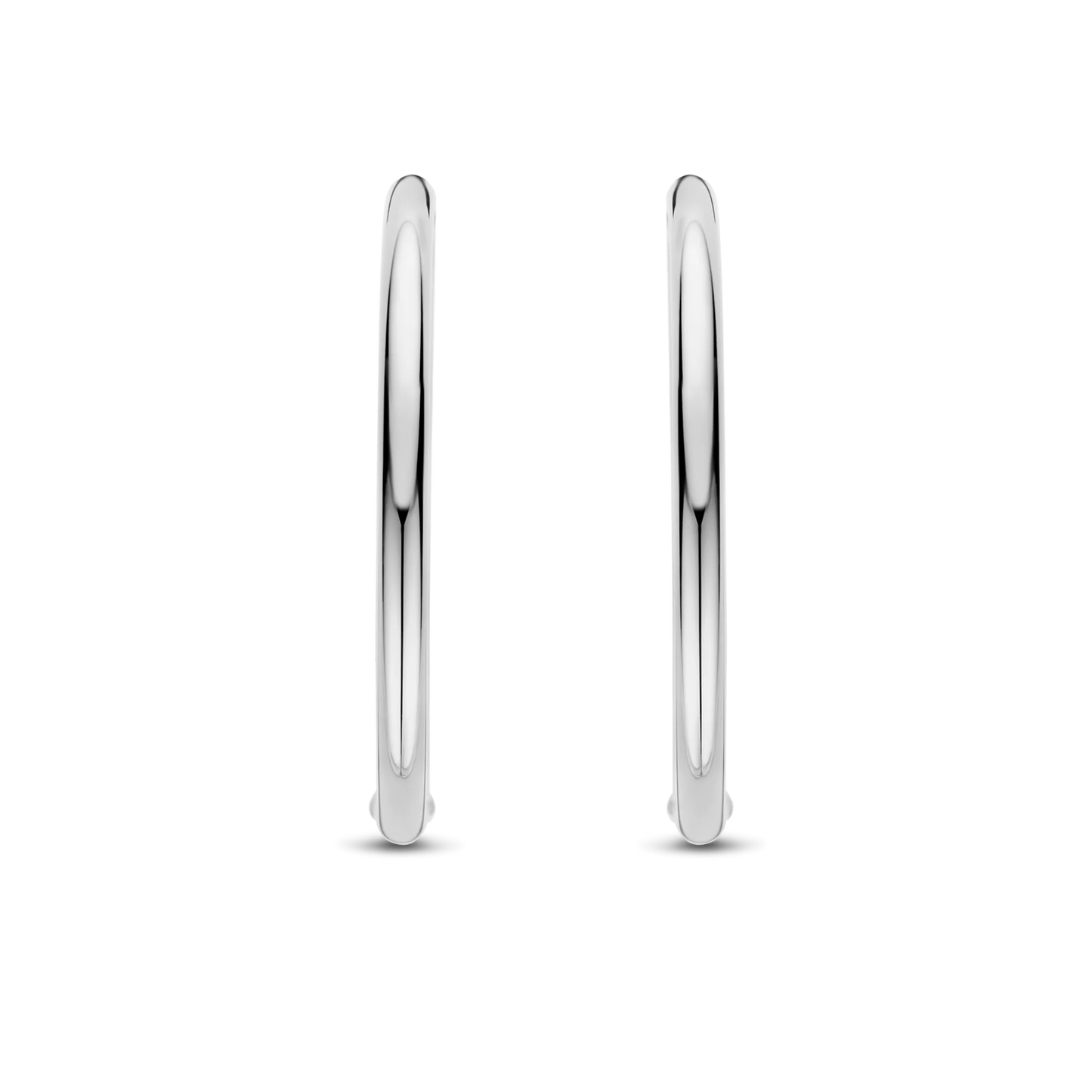 Pair of silver hoop earrings on a white background