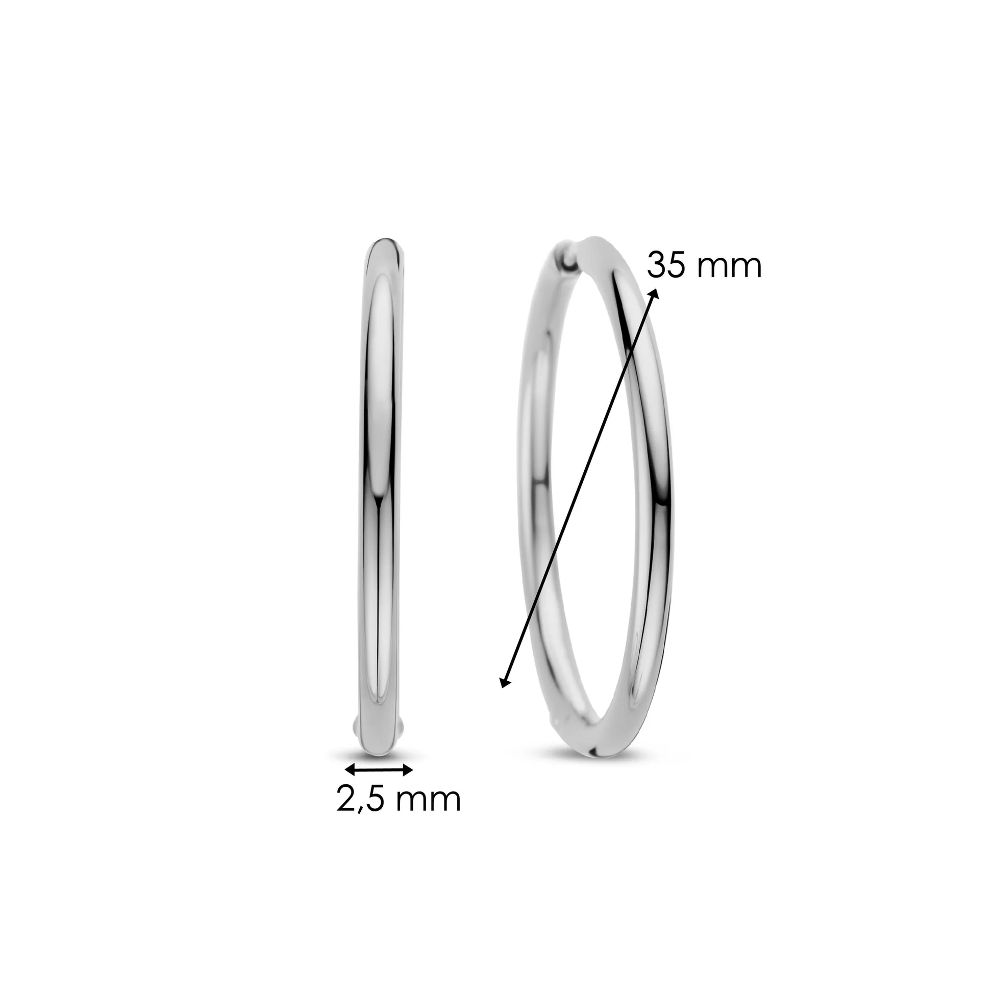 Silver hoop earrings with measurements on a white background