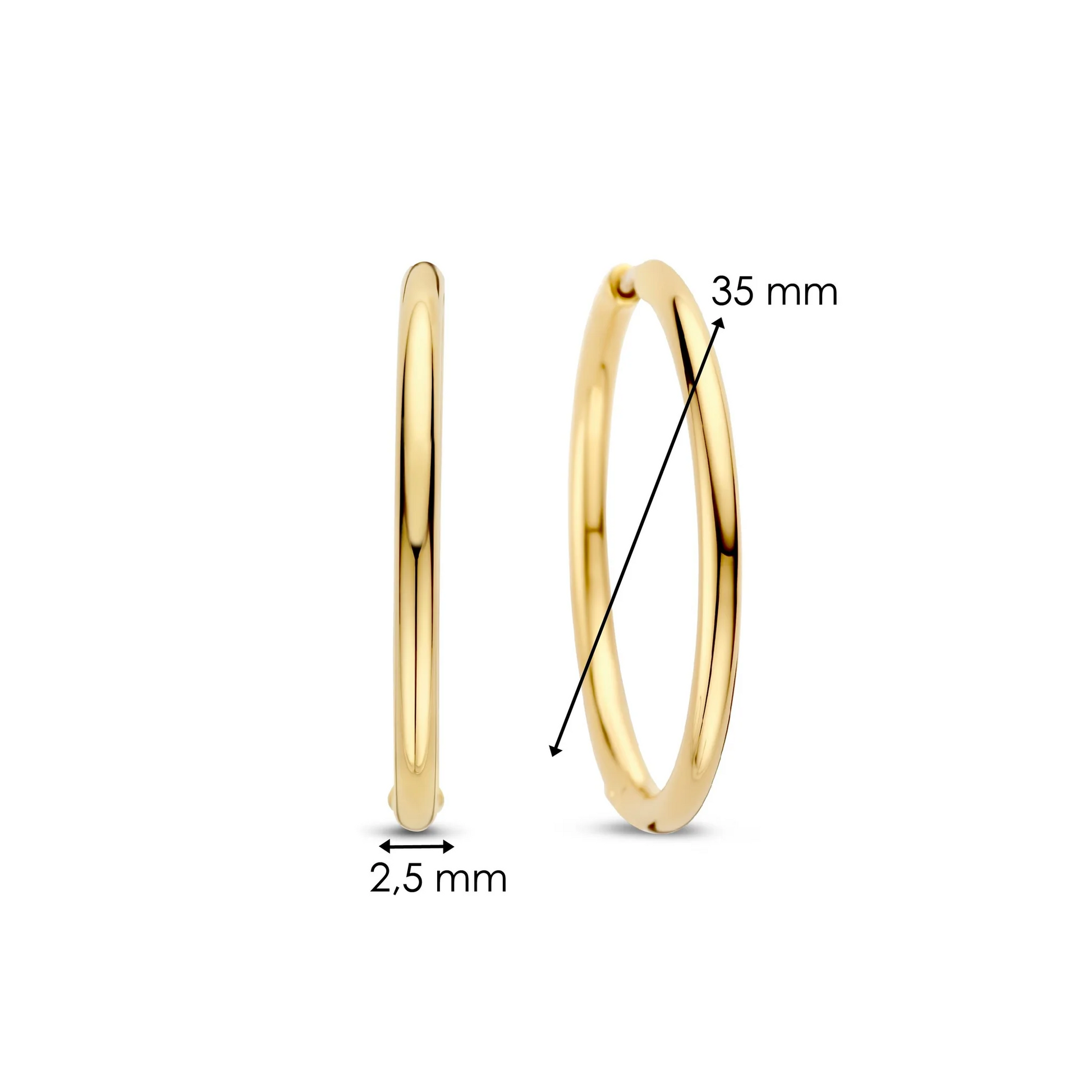 Gold hoop earrings with measurements on a white background