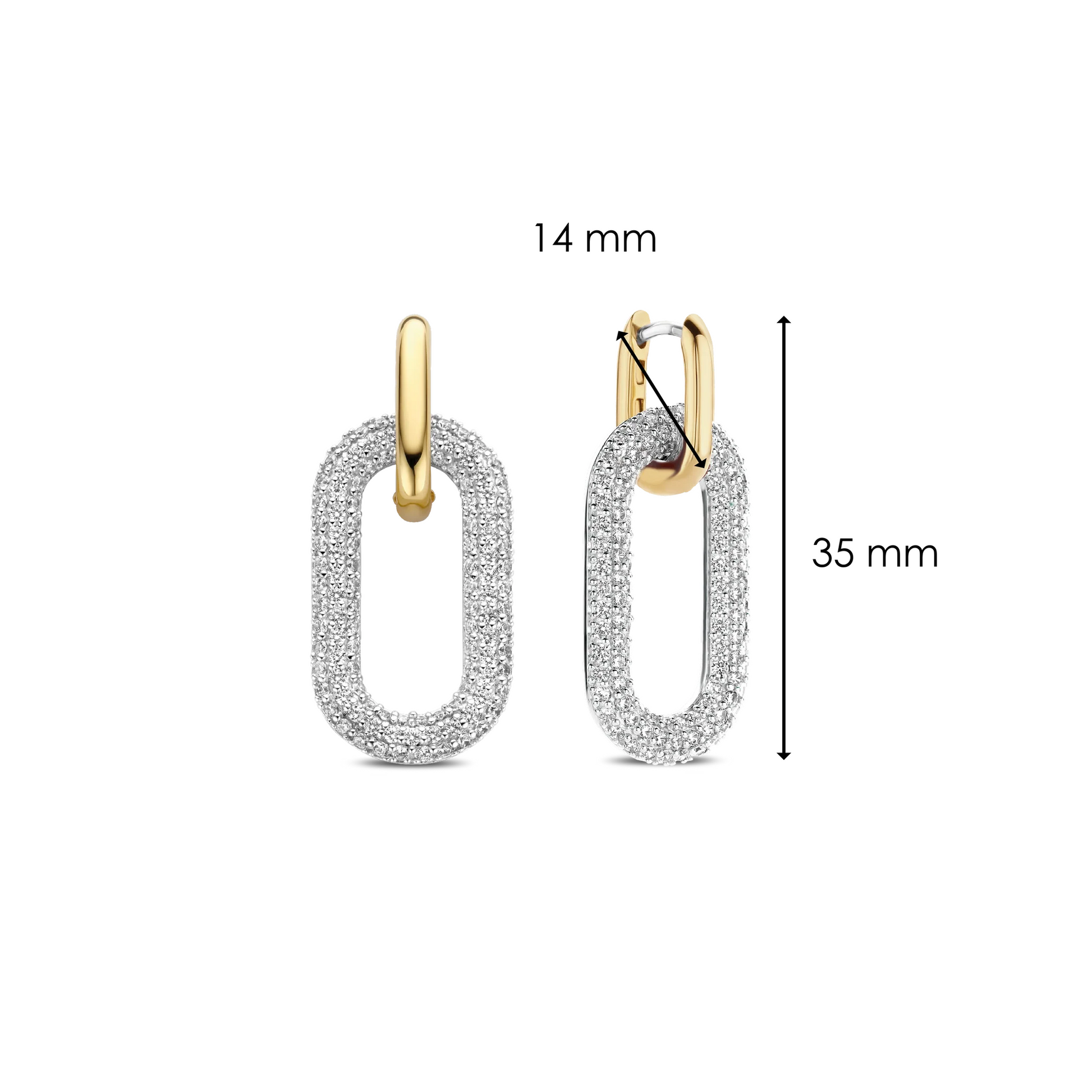 Gold and silver hoop earrings with measurements on a white background
