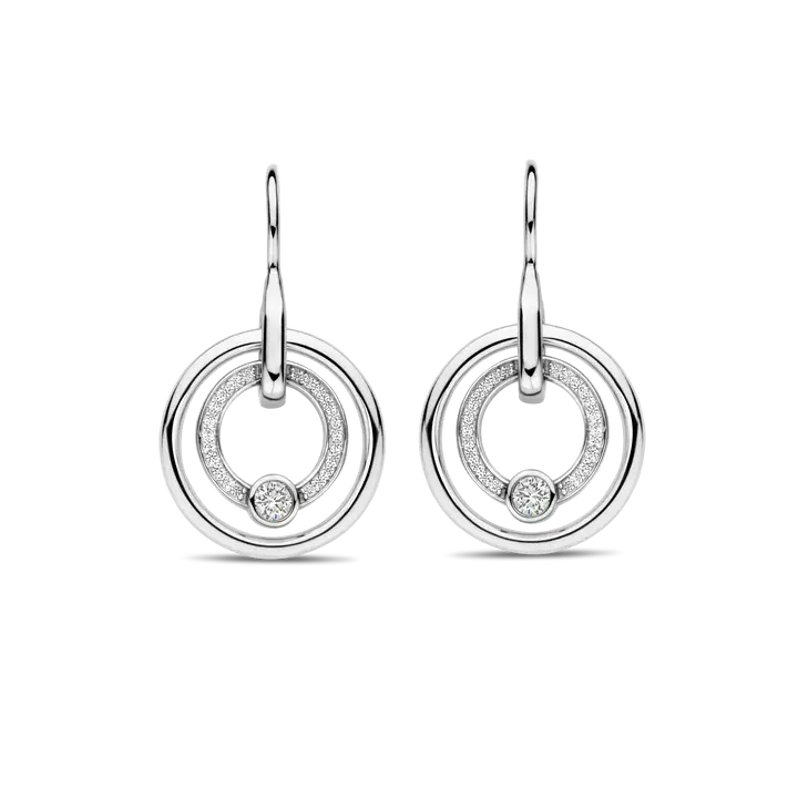 Pair of silver hoop earrings with small diamonds on a white background