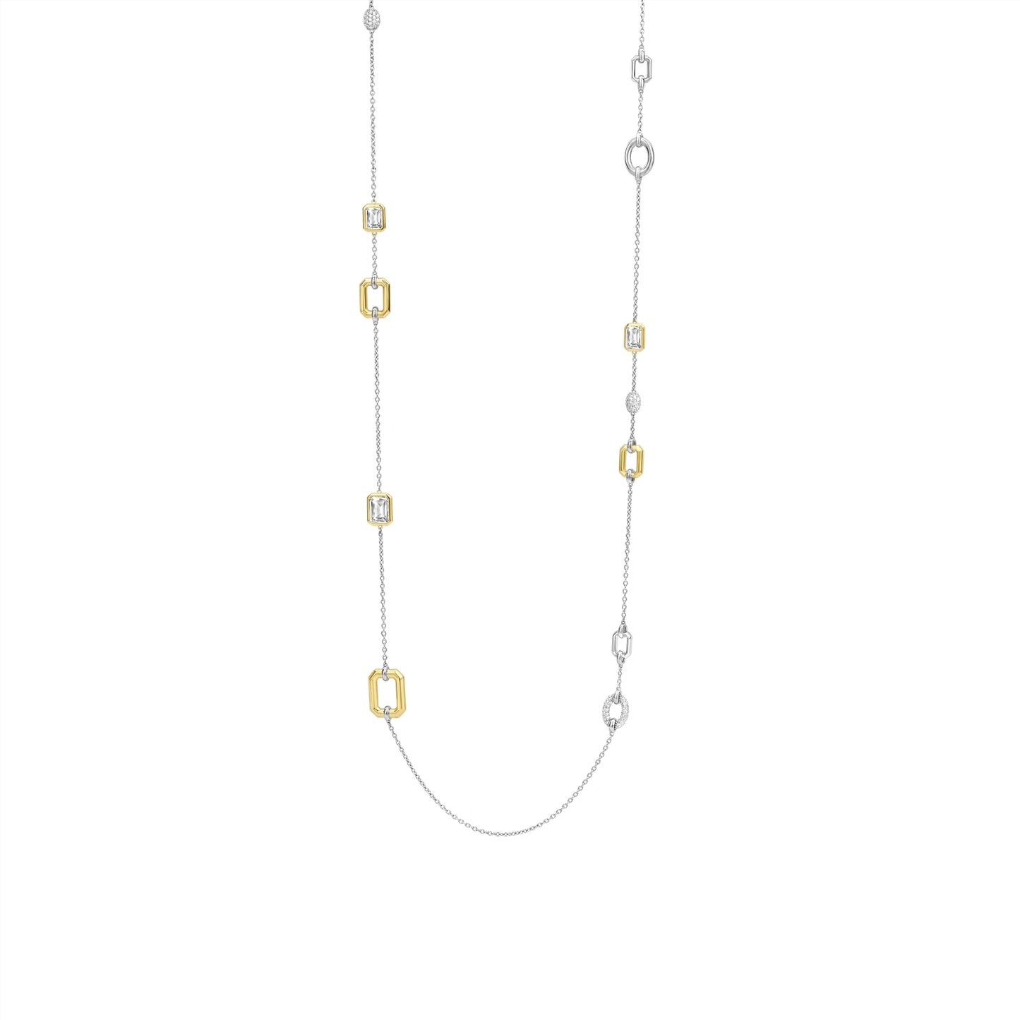 Long necklace with gold and silver square-shaped pendants on a white background