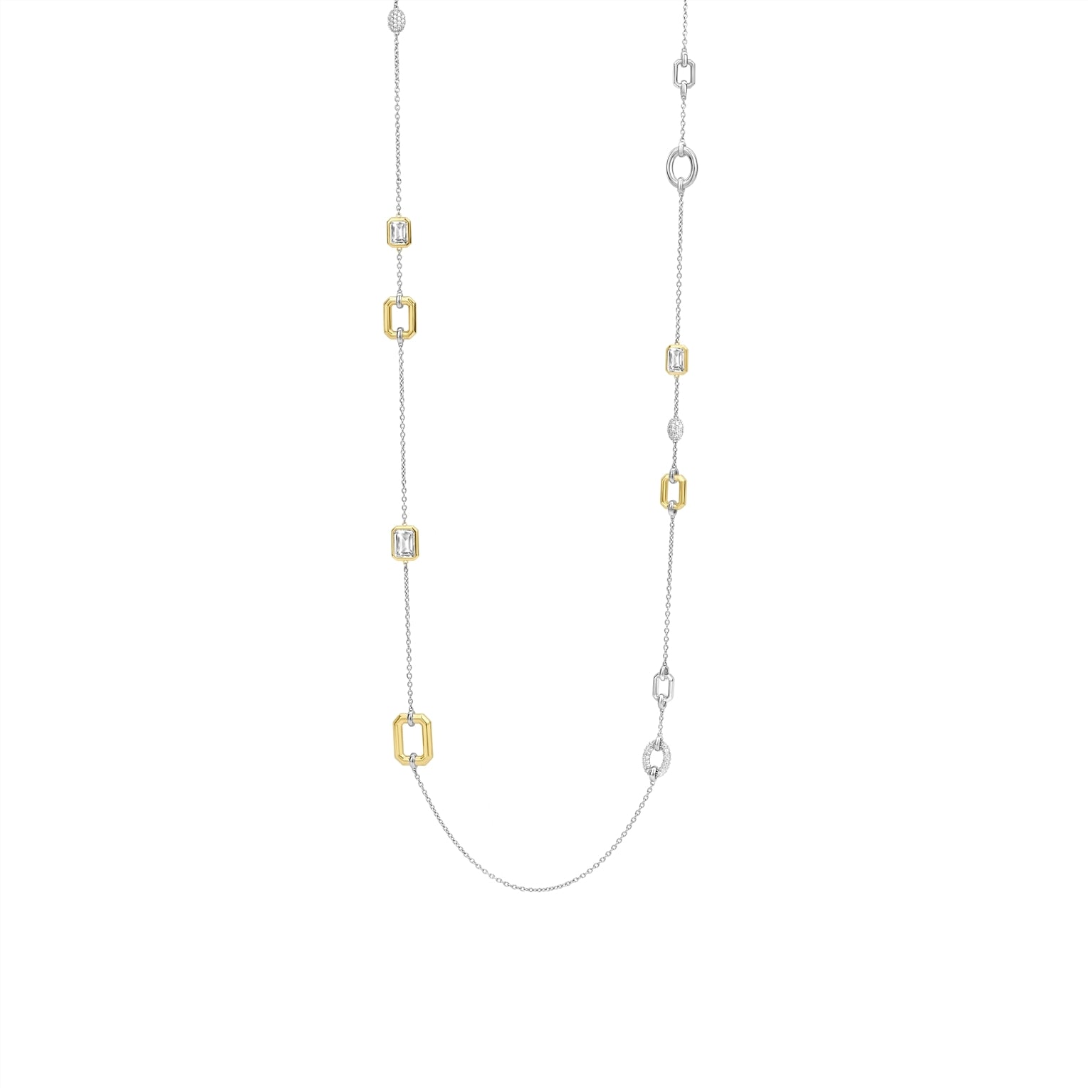Long necklace with gold and silver square-shaped pendants on a white background