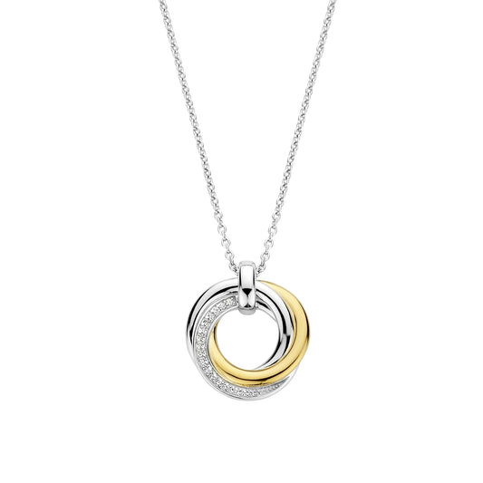 Necklace with a two-tone circular pendant on a white background