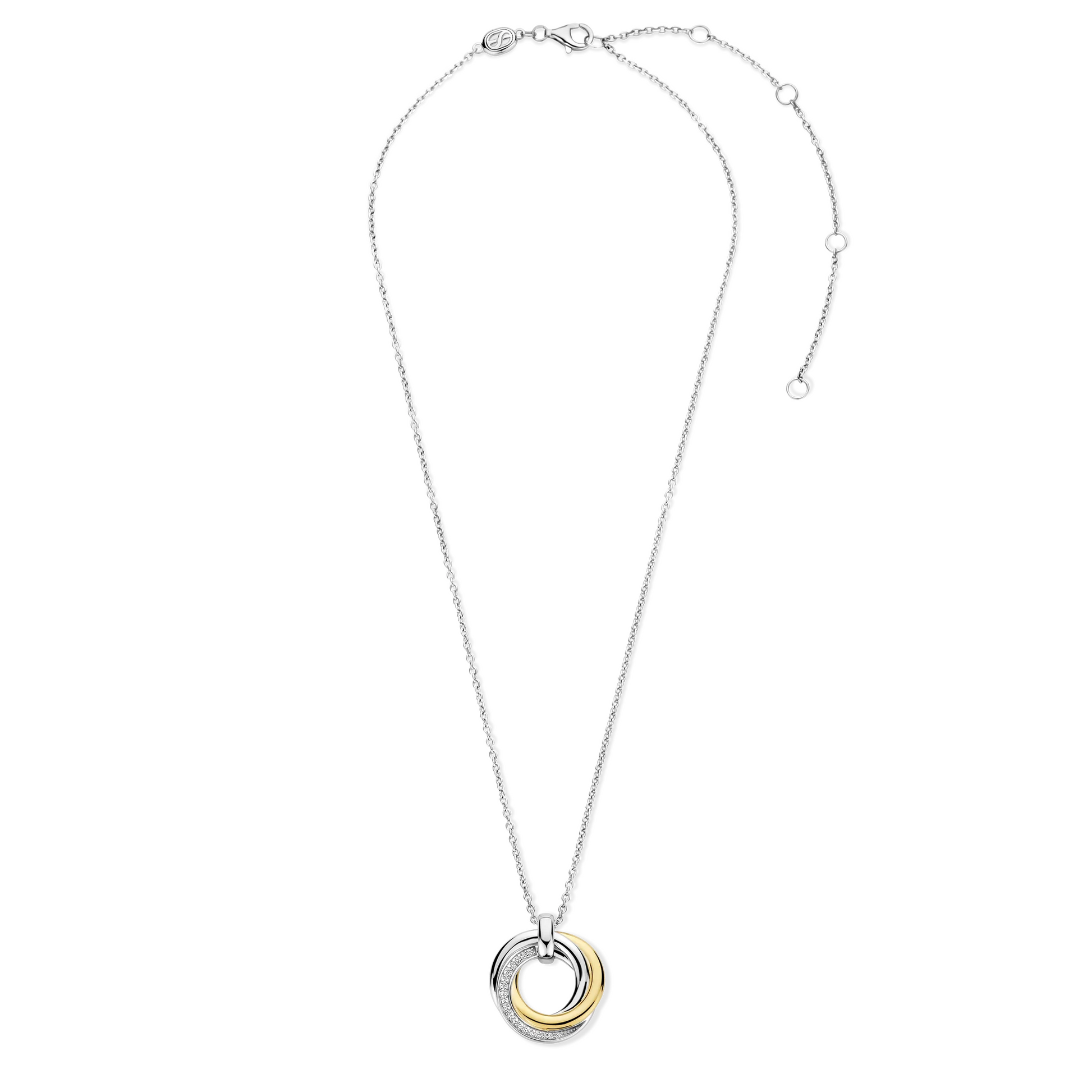 Necklace with a gold and silver pendant on a white background