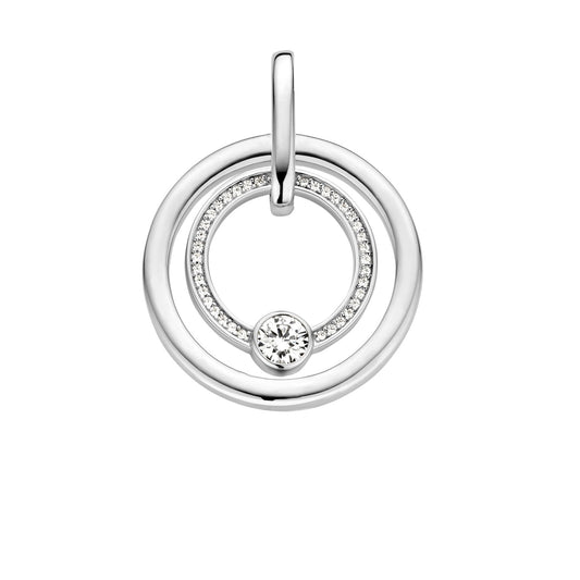Silver pendant with interlocking rings and embedded stones on a white background