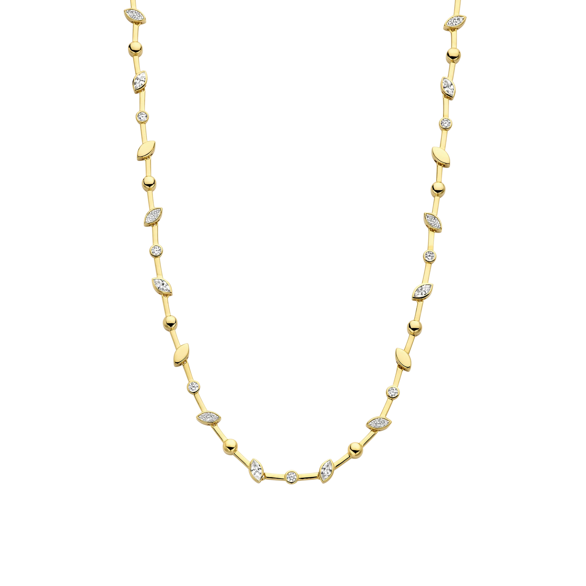 Gold necklace with diamond accents on a white background