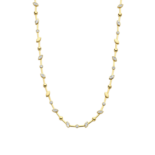 Gold necklace with diamond accents on a white background