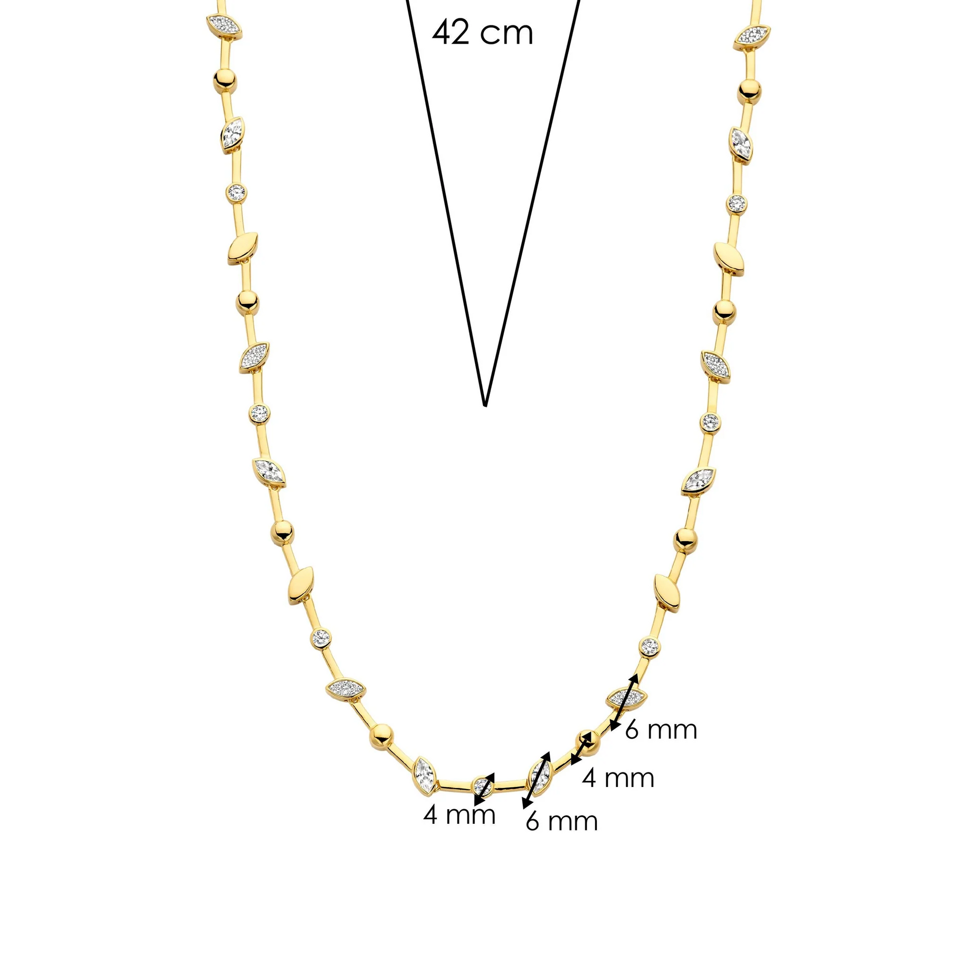 Gold necklace with diamond accents and measurements on a white background