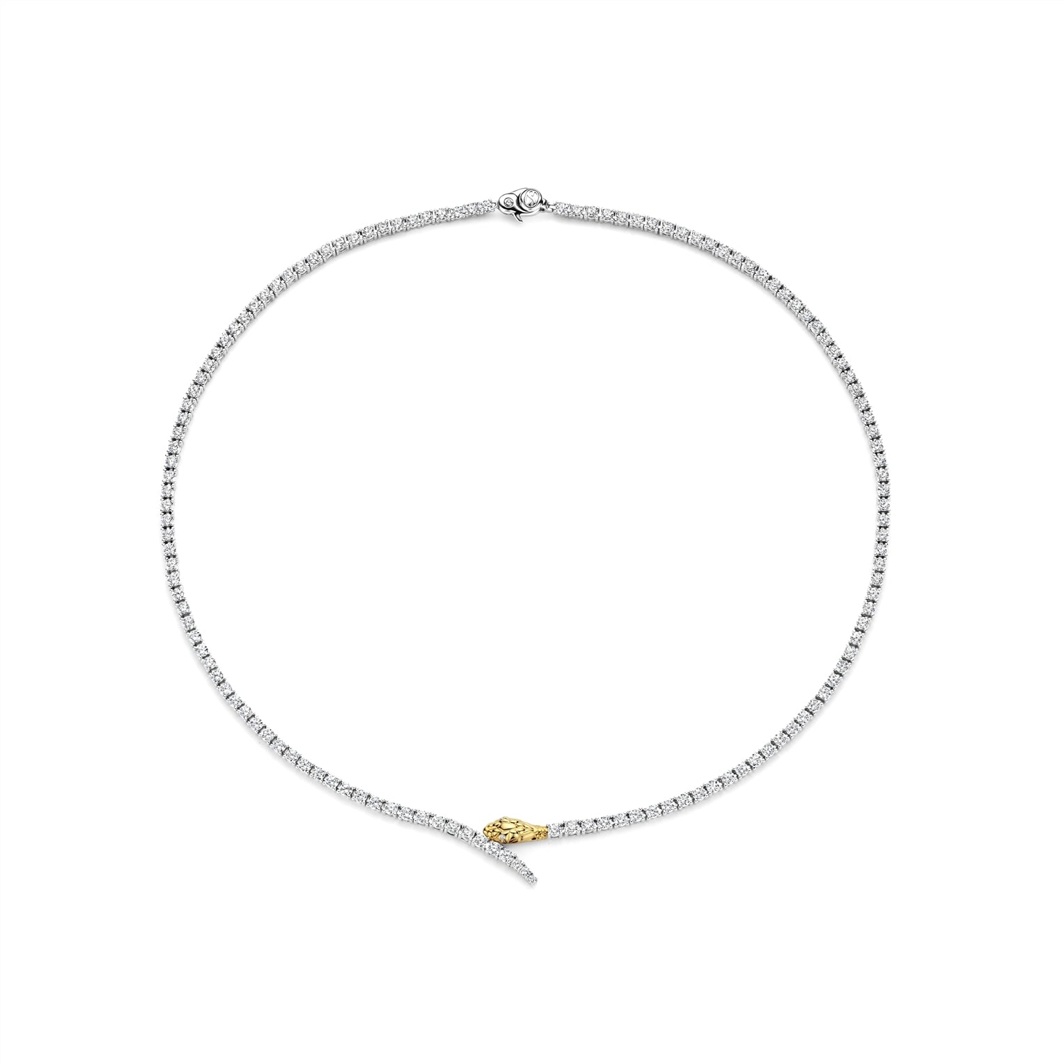 Silver necklace with a small yellow pendant on a white background